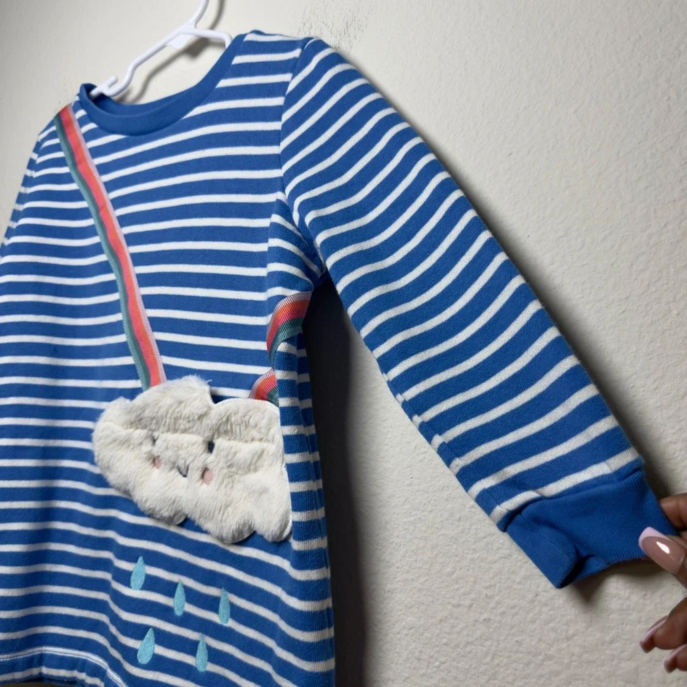 Mini Boden Girls Cotton Tunic 5-6Y Blue Striped Rainbow Cloud Applique Pocket